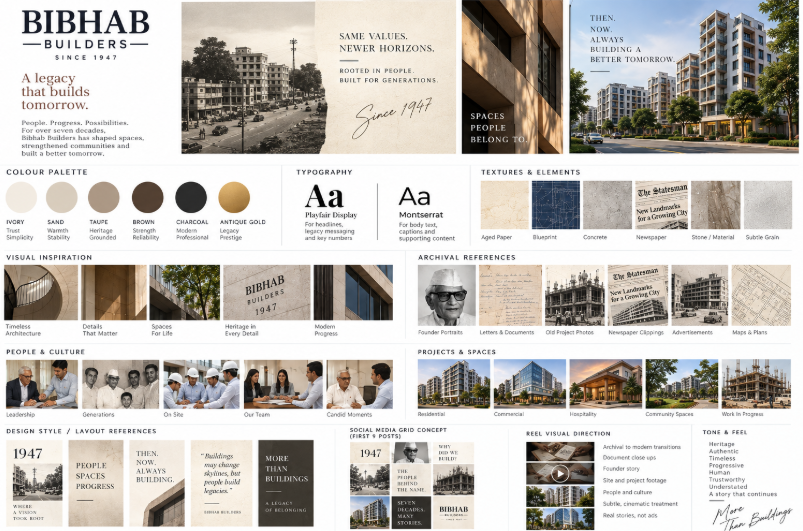 Bibhab Builders brand content moodboard showing colour palette, typography, visual references and social media concepts