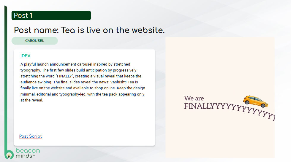 Vashishti Tea website launch carousel concept showing the content idea and stretched typography creative